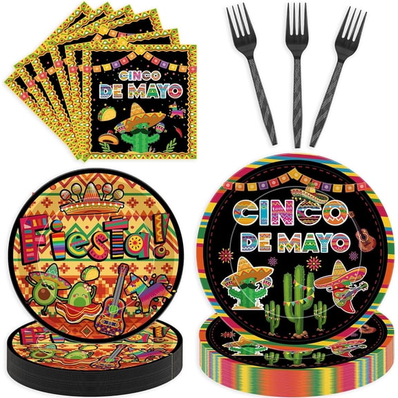 96 Pcs Cinco De Mayo Decorations, Fiesta Party Plates Napkins Forks for 24 Guests, Mexican Tableware Set Party Supplies