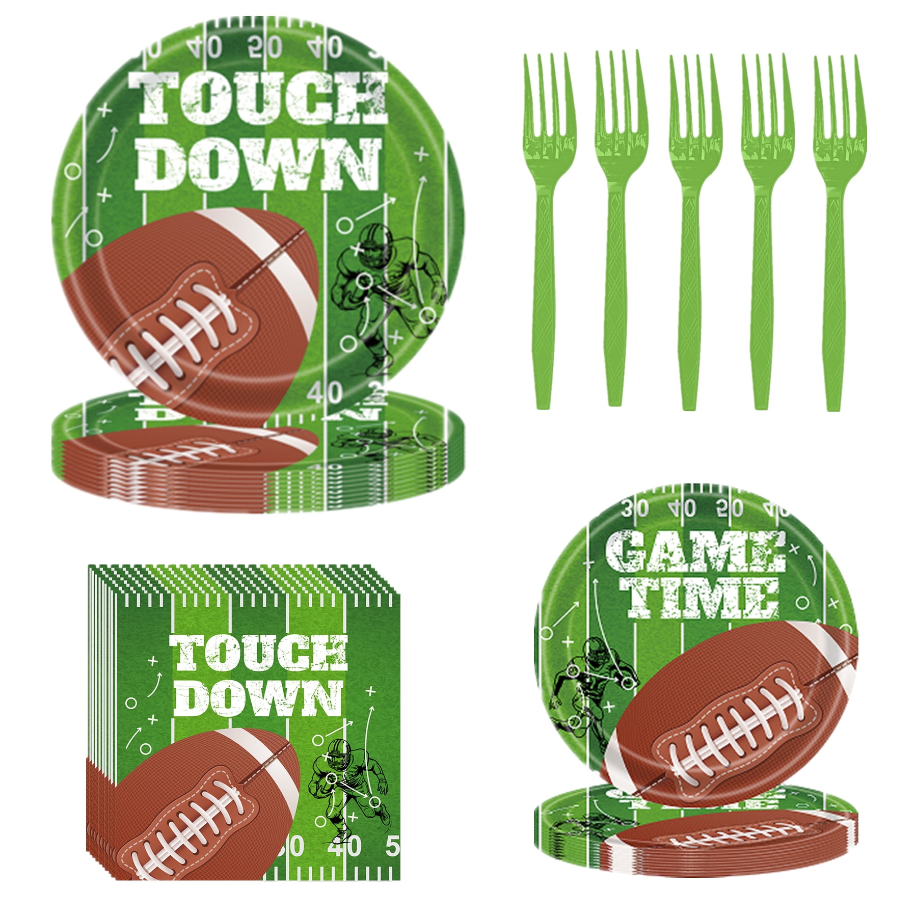96 Pcs Football Game Disposable Tableware Set, Rugby Touchdown Party Supplies Kit with Dessert Plates Napkins Forks for Baby Shower Birthday Decorations, Serve 24 Guests
