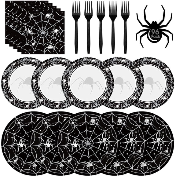 96 Pcs Halloween Plates and Napkins Set - Black Spider Webs Dinner Dessert Paper Plates Cocktail Napkins Forks Disposable Tableware for Spiderweb Halloween Party Decorations Supplies Favors, Serve 24