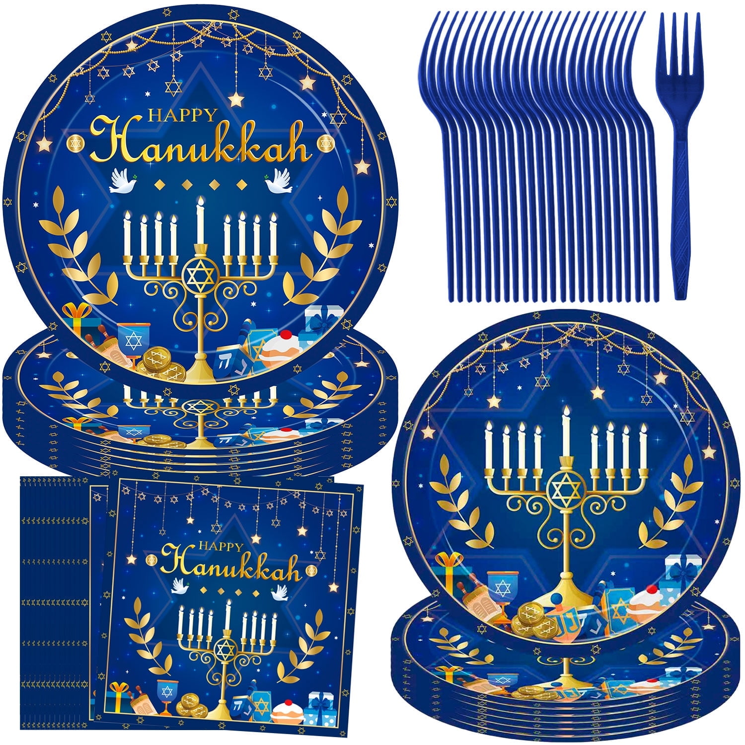 96 Pcs Hanukkah Disposable Plate Set - Serves 24 Guests, Includes 9 ...