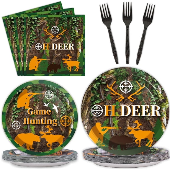 96 Pcs Hunting Camo Party Paper Plates and Napkins Supplies Deer Hunting Party disposable Plates Tableware Hunting decorations for Kids Party Favors 24 Guests