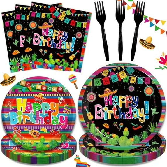 96 Pcs Mexican Birthday Party Plates, Fiesta Party Decorations Supplies Cinco De Mayo Carnival Birthday Party Paper Plates Napkins Colorful Stripe Serape Baby Shower Tableware, Serves 24