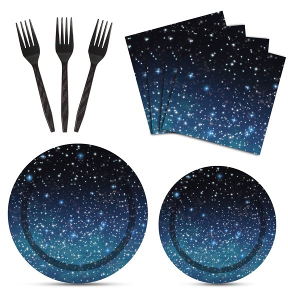 96 Pcs Outer Space Theme Birthday Party Solar System Dark Blue Paper Plates Napkins Forks for 24 Guests