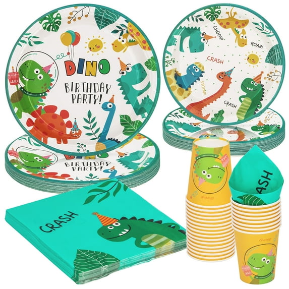 96 Pcs Party Plates and Cups and Napkins Sets, Green Dinosaur Theme Birthday Paper Plates and Napkins Party Supplies for Kids Birthday, Disposable Tableware Sets, Serve for 24 Guests, Dino