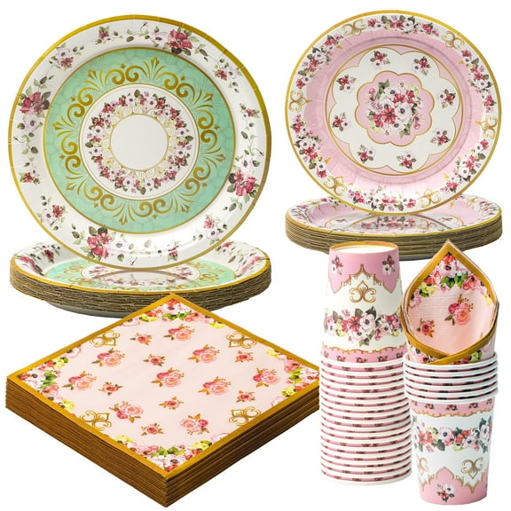 96 Pcs Party Plates, Floral Pink and Green Vintage Paper Plates and Cups and Napkins Sets Party Supplies for Birthday Bridal Shower Tea Time, Serve for 24 Guests, Pink and Green