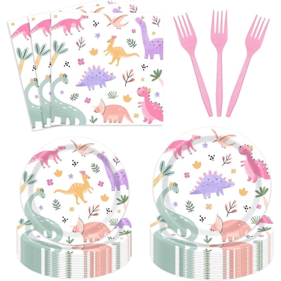 96 Pcs Pastel Dinosaur Birthday Party Decorations Girl Three Rex Two Rex Birthday Paper Plates Napkins Forks Disposable Dinnerware Set for 24 Guests Party Tableware