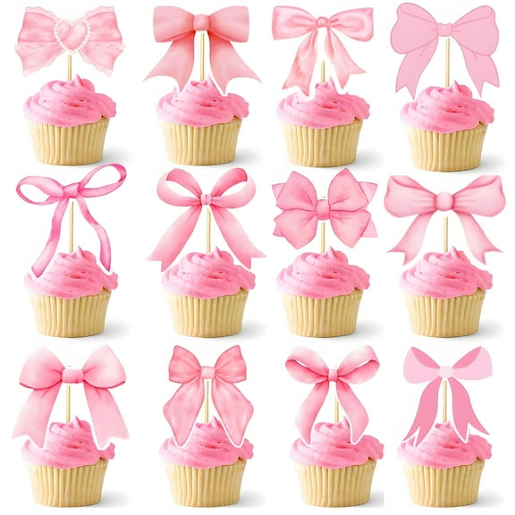 96 Pcs Pink Bow Cupcake Toppers, Elegant Multiple Designs, Disposable Paper Dessert Cake Picks, Youngsters Birthday Party Decorations, Bow Party Themed Supplies, Wedding Theme Decor