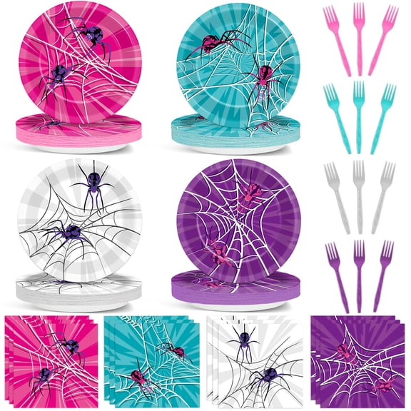 96 Pcs Pink Spider Party Supplies Spider Theme Plates and Napkins Super Theme Hero Decorations Spiderweb Disposable Plates Pink Ghost Spiders Tableware for Girl Women Birthday Party Decors Y114