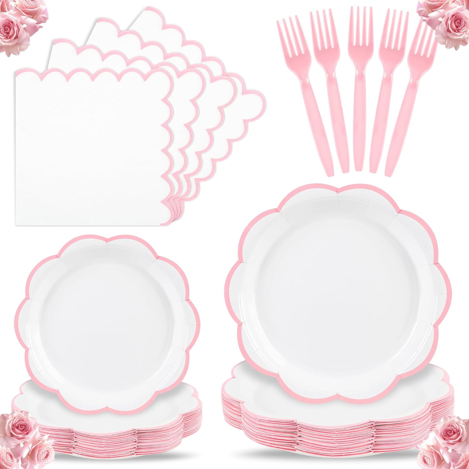 96 Pcs Pink & White Paper Plates Napkins Set, Serves 24, Pink Scalloped Dessert Plates with Napkins & Forks for Mother's Day, Baby Shower, Bridal Shower & Wedding