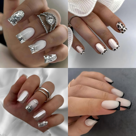 96 Pcs Press on Nails - Medium Length Square French Tips with Glitter Silver, Reusable & Easy to Apply for Everyday/Party Use (4 Boxes Set)