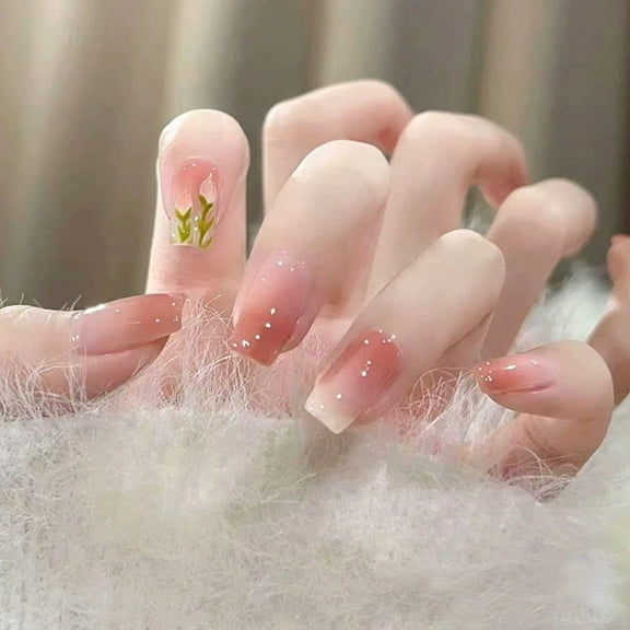96 Pcs Press on Nails - Tulip Flower Gradient Design, Spring Wearable Short Nails for Sweet & Simple Style
