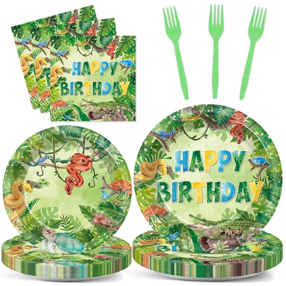 96 Pcs Reptile Birthday Party Supplies Reptile Swamp Birthday Plates Napkins for Kids Jungle Swamp Snake Alligator Camping Wildlife Turtle Wilderness Party Tableware Decorations Favors Serves 24 Y114