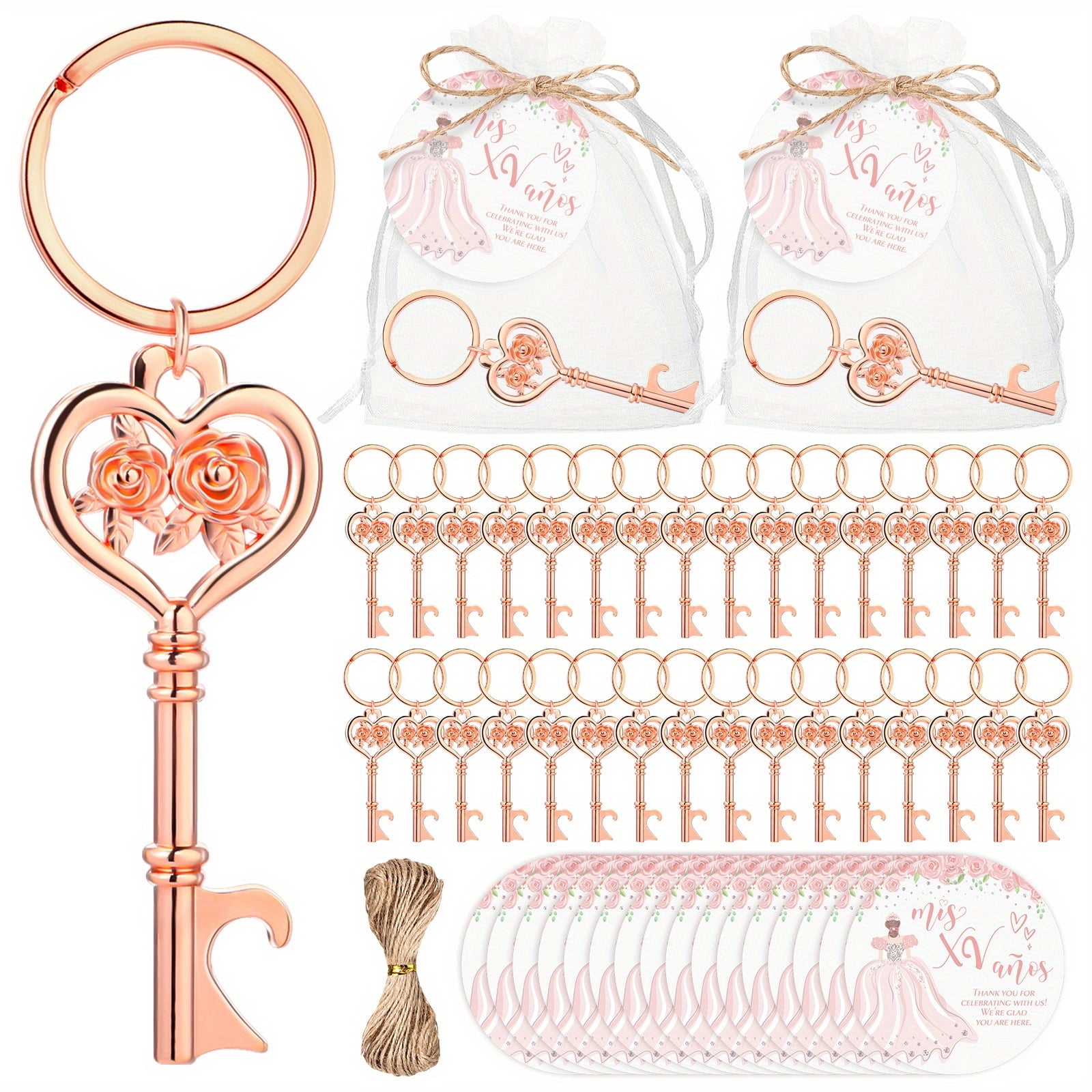 96 Pcs Rose Gold Bottle Opener Keychain Party Favors Set, Wedding Bridal Shower Quinceanera Favors for Guests, Heart Key Bottle Opener with Thank You Tags Organza Bags Gift Pack