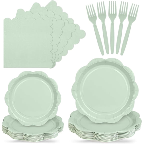 96 Pcs Sage Green Paper Plates and Napkins Set Party Supplies, Tableware set for 24 Guest include Disposable Sage Green Scalloped Plates, Napkins and Fork for Easter, Baby Shower,Wedding,Bridalshower