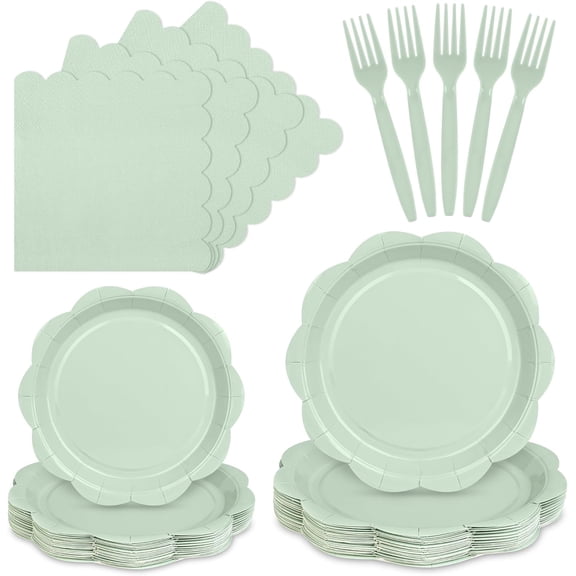 96 Pcs Sage Green Paper Plates and Napkins Set Party Supplies, Tableware set for 24 Guest include Disposable Sage Green Scalloped Plates, Napkins and Forks for Baby Shower Bridal Shower Wedding
