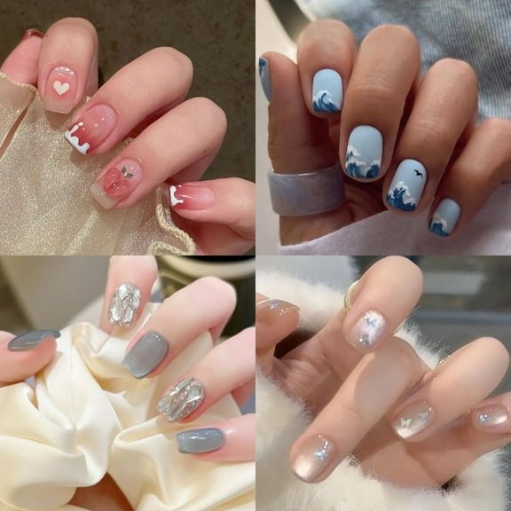 96 Pcs Short Square PressOn nails, Cartoon Shape with Blue Waves, Cats Eye Diamond, Diamond Butterfly, Reusable Nail Art Kit for Women & Girls