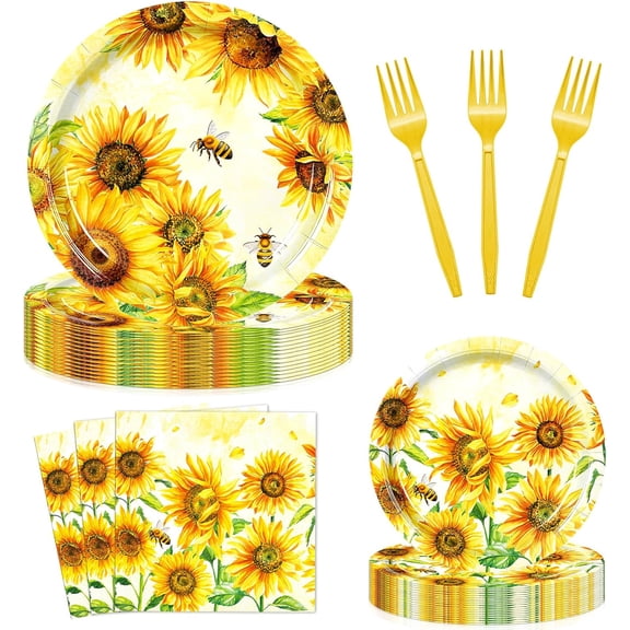 96 Pcs Sunflower Tableware Set Serves 24, Yellow Plates Napkins Forks for Party & Shower Decor