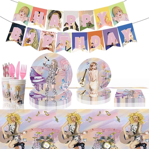 96 Pcs Taylor Party Tableware Set, Birthday Party Supplies, Table Cover,Paper Plates, Napkins, Cups, Knives, Spoons and Forks