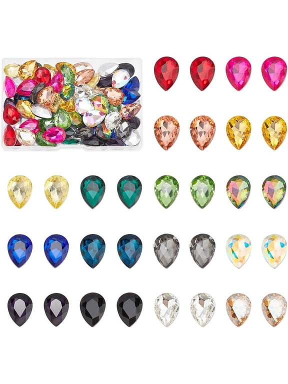 96 Pcs Teardrop Glass Rhinestones 16 Colors Pointed Back Rhinestone 0.7x0.5 Faceted Glass Rhinestones Gems Jewelry Embelishments with Plated Back