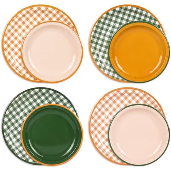 96 Pcs Thanksgiving Fall Gingham Paper Plates Last Trail Before the Veil Bachelorette Decor 7" 9" Disposable Green Orange Checked Dessert Tableware for Wedding Birthday Baby Bridal Shower