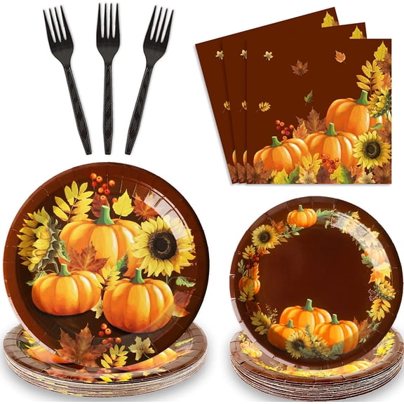96 Pcs Thanksgiving Party Paper Plate and Napkins Supplies Fall Pumpkin & Sunflower Dessert Plates Thanksgiving Disposable Tableware Paper Plates Napkins Forks for Party Favors 24 Guests