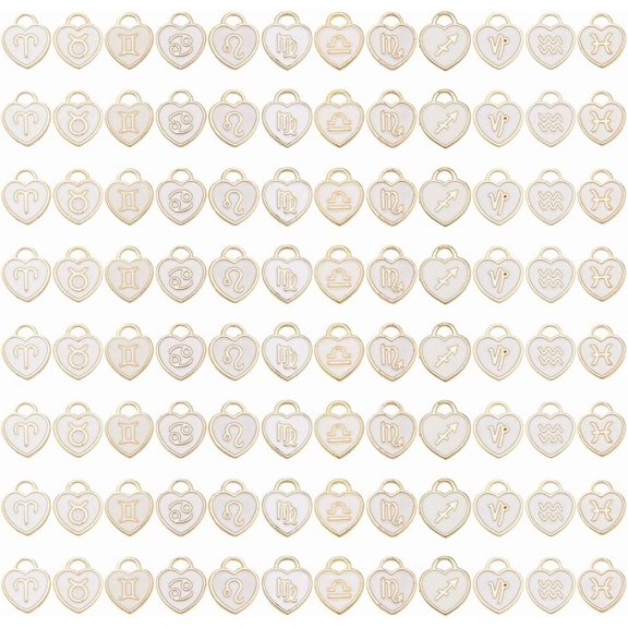 96 Pcs Twelve Constellation Heart Charms 12 Styles Zodiac Sign Pendants White Enamel Love Heart Charms