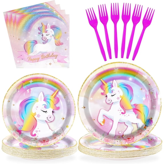 96 Pcs Unicorn Birthday Party Decorations 350 GSM Disposable Rainbow Unicorn Plates and Napkins Fork Tableware Set For Girls Unicorn Themed Birthday Party Baby Shower Supplies Decorations Serves 24