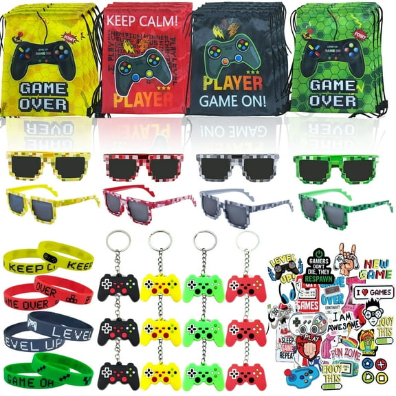 98 Pcs Video Game Party Favors for Kids, Gaming Party Favors - 12 set of Drawstring Bags, Pixel Glasses, Wristbands, Controller Keychains & Stickers