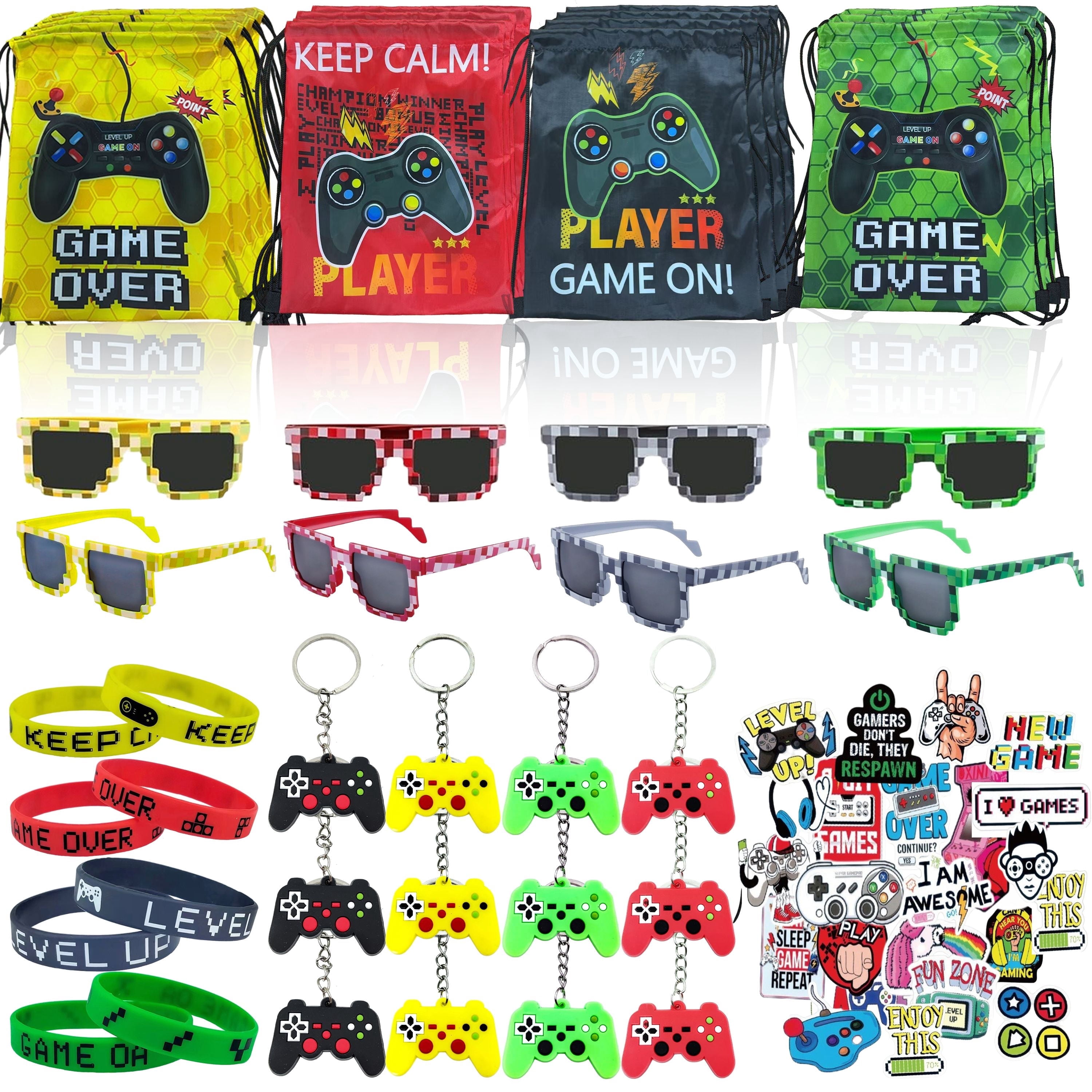 98 Pcs Video Game Party Favors for Kids, Gaming Party Favors - 12 set of Drawstring Bags, Pixel Glasses, Wristbands, Controller Keychains & Stickers