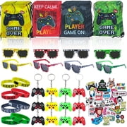 98 Pcs Video Game Party Favors for Kids, Gaming Party Favors - 12 set of Drawstring Bags, Pixel Glasses, Wristbands, Controller Keychains & Stickers