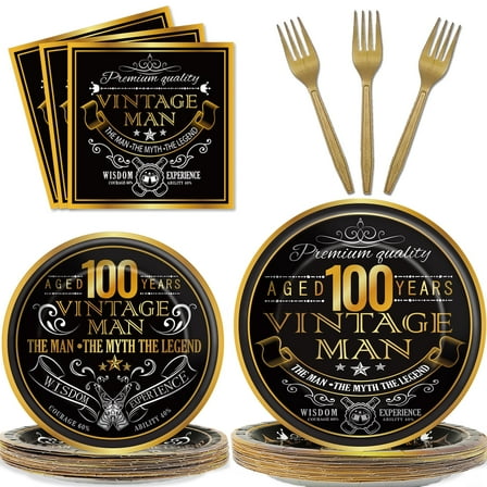 96 Pcs Vintage 100th Party Tableware Set Back in 1924 Theme Birthday Party Decoration Supplies Black and Gold