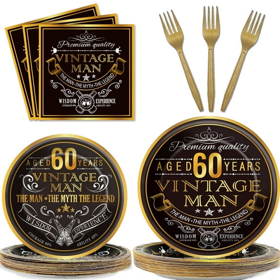 96 Pcs Vintage 60th Party Tableware Set Back in 1964 60th Theme Birthday Party Table Decoration Supplies Black and Gold