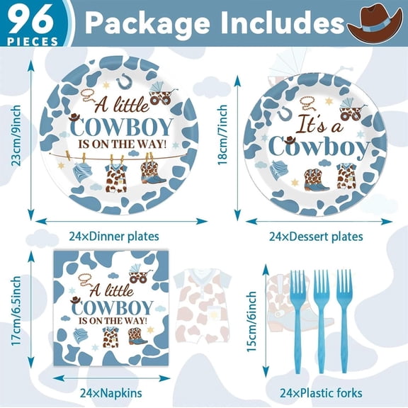 96 Pcs Western Cowboy Baby Shower Paper Plates and Napkins Party Supplies Wester