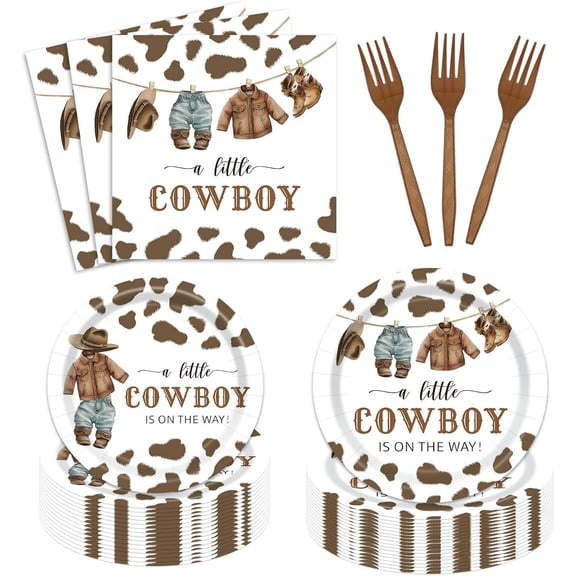 96 Pcs Western Cowboy Baby Shower Party Supplies Dinnerware for 24 Guests A Little Cowboy is On The Way Paper Plate Napkin Forks Wild West Disposable Party Tableware