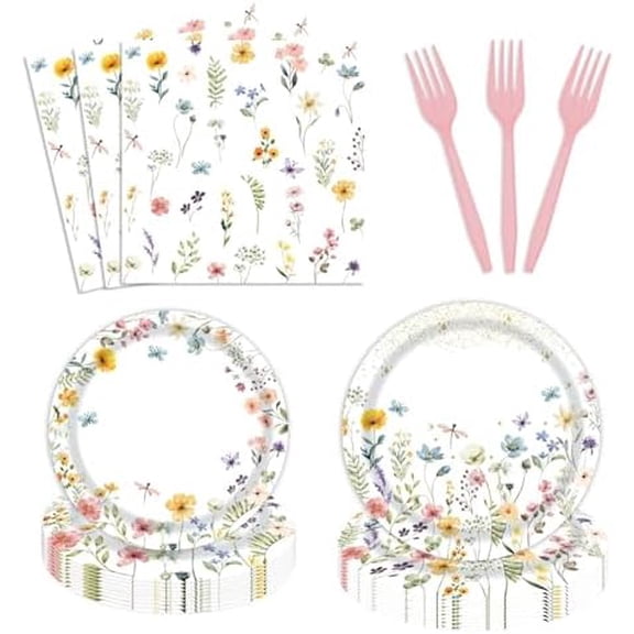 96 Pcs Wildflower Party Supplies Paper Plates and Napkins Disposable Spring Floral Baby Shower Birthday Tableware Decorations for Spring Summer Picnic Wedding Tea Party, Serve 24 Guests