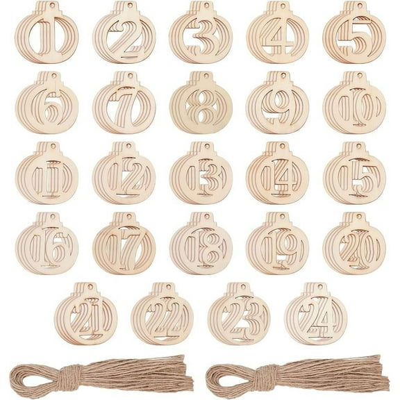 96 Pcs Wood Number for Christmas 1-24 Christmas Countdown Advent Calendar Wooden Number Pendants with Jute Rope for Christmas Tree Decor DIY Crafts Gift Tags Hanging Ornaments Beige
