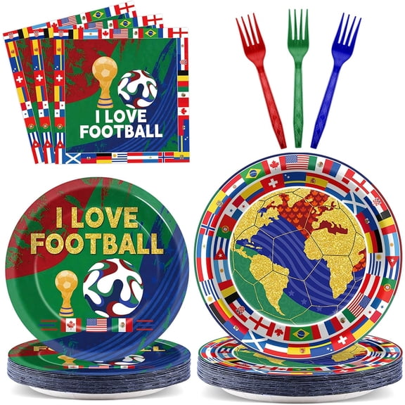 96-Piece 2026 World Soccer Party Plates & Napkins  Disposable Tableware Set  24 Dinner Plates (9") + 24 Dessert Plates (7") + 24 Napkins + 24 Forks  Serves 24  Soccer Theme Decor