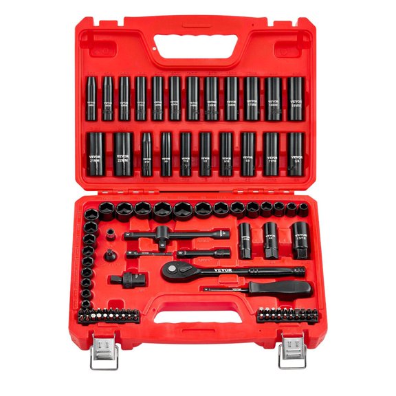 96-Piece 3/8" Drive Impact Socket Set SAE (5/16"-3/4") & Metric (8-22mm) 6-Pt Deep/Shallow Sockets & Extensions Chrome Vanadium Steel Carrying Case