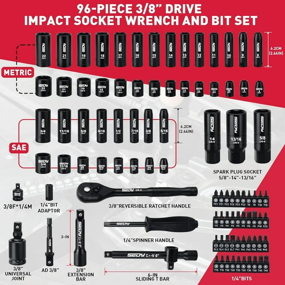 96-Piece 3/8" Drive Impact Socket Wrench and Bit Set