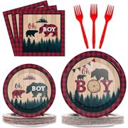 96 Piece Buffalo Plaid Lumberjack Party Tableware Set Serves 24