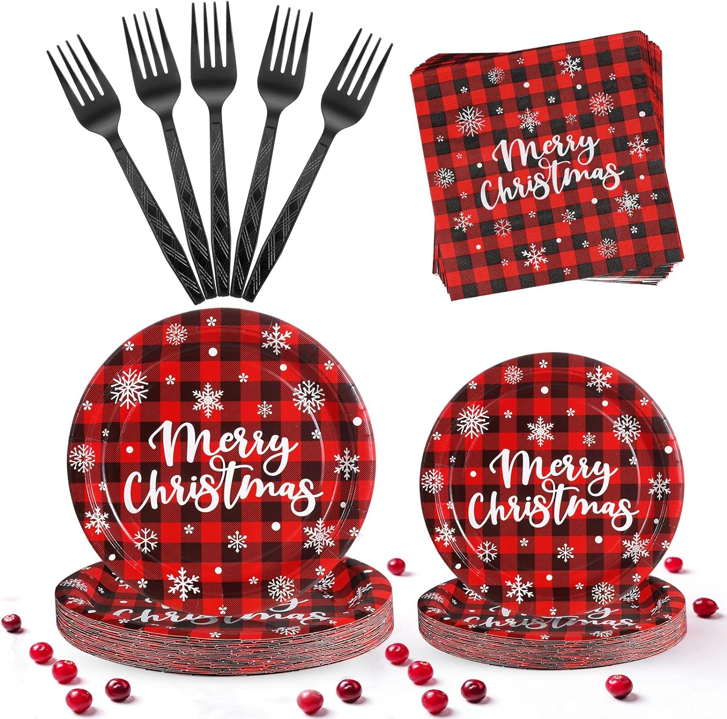 96Piece Christmas Paper Plates and Napkins Disposable Dinnerware Set, Black and Red Buffalo