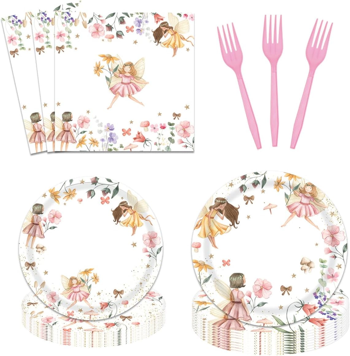 96Piece Fairy Plates and Napkins Party Supplies Enchanted Forest Garden Birthday Tableware Set