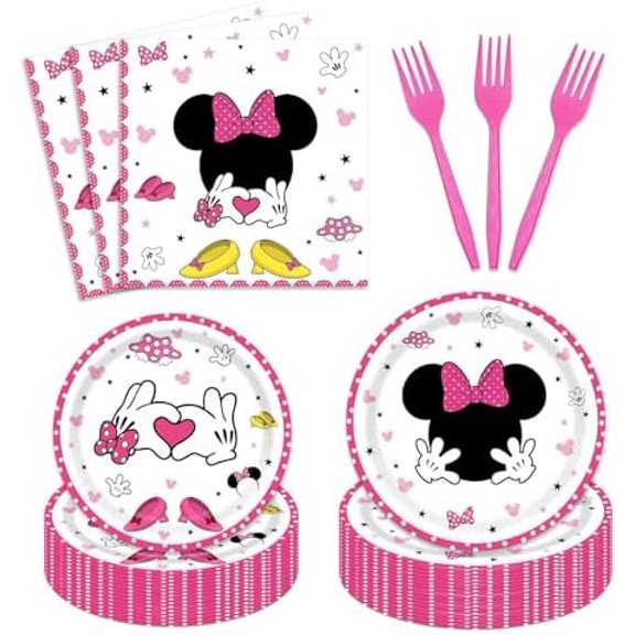 96-Piece Pink Bow Mouse Birthday Party Supplies - Tableware Set with Dessert Plates, Napkins, Forks for 24 Guests$$Home Decor, Kitchen, & Other