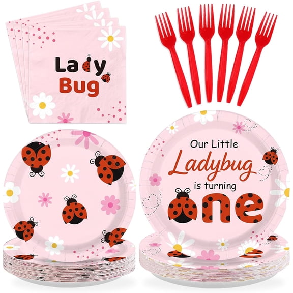 96-Piece Pink Ladybug and Daisy Disposable Tableware Set for Birthday Party