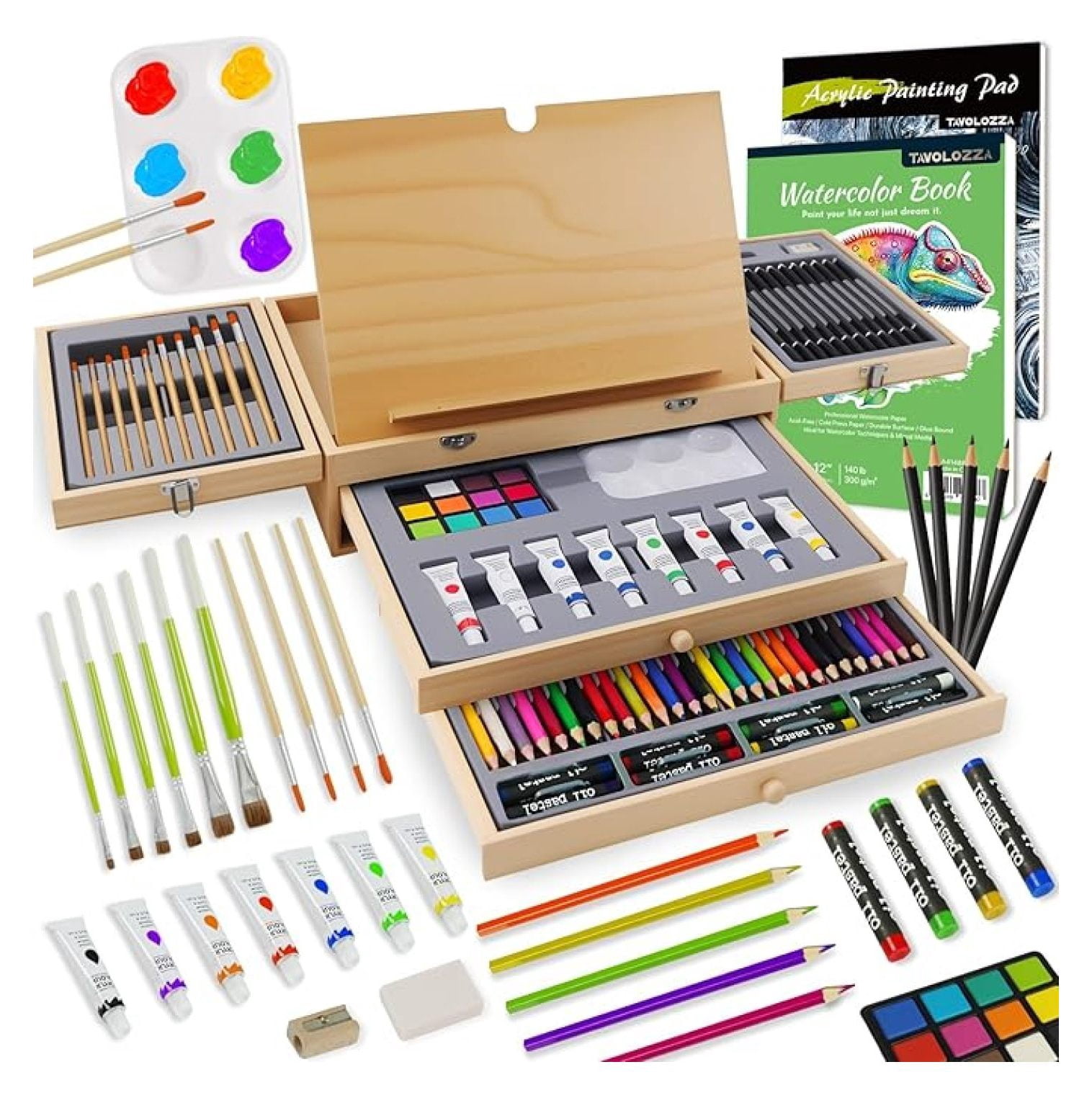 96 Piece Premium Wooden Art Set with 2 Drawing Pads - Painting & Drawing Supplies Kit with Watercolor, Acrylic Paints, Brushes & More Art Supplies for Artists Adults Teens Girls