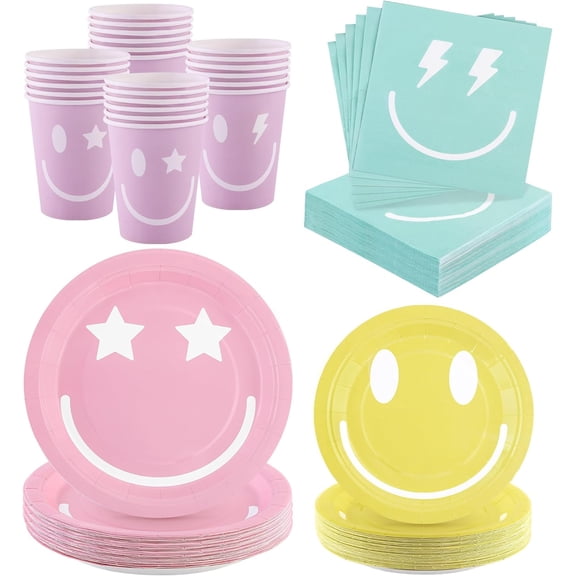 96 Piece Preppy Smiley Face Party Paper Plates Preppy Smile Face Party Decorations Preppy Tableware Set Paper Smile Face Plates Cups Napkins Cutlery Serve 24 Guest for Birthday or Baby Shower