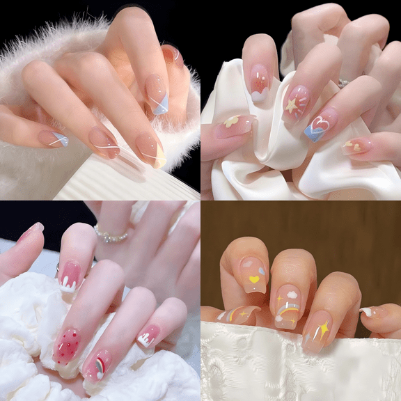 ‌96-Piece Press on Nails Collection - Elegant Spring Geometric Nail Art in Soft Nude Tones, Ideal for Women Seeking Chic