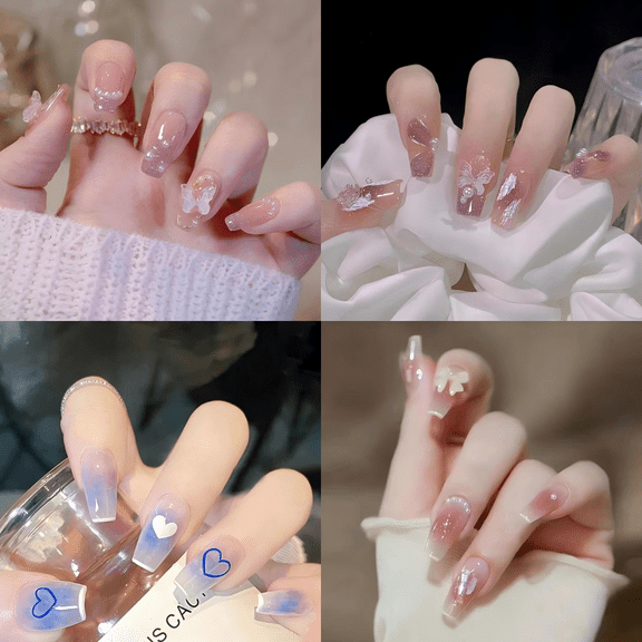 ‌96-Piece Press on Nails with 3D Butterfly & Rhinestones - Removable Luxury Nail Art for Parties, Weddings & Daily Wear (4 Boxes Set)‌