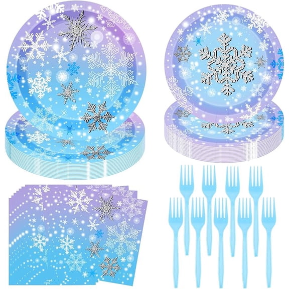 96 Piece Winter Snowflake Christmas Tableware Set with Plates Napkins and Forks
