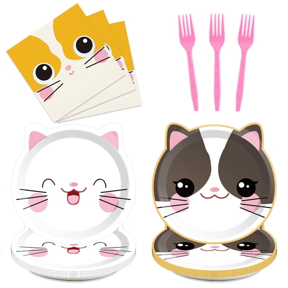 96 Pieces Cat Party Supplies Cute Kitten Birthday Tableware Set Decorations Kitten Disposable Dinnerware Paper Plates and Napkins Forks for Cat Birthday Baby Shower Party Favors 24 Guests Y114